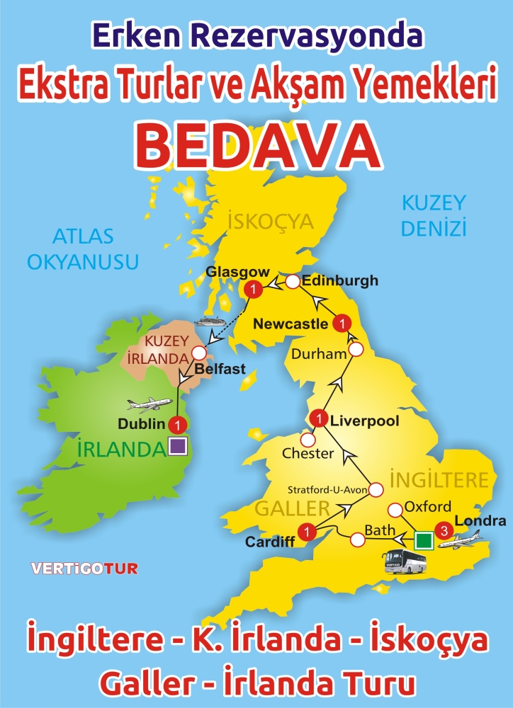 İNGİLTERE-İRLANDA-İSKOÇYA-GALLER TURU -  Tüm Ekstra Turlar ve Akşam Yemekleri Bedava..